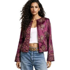 CHICO’S ROYAL GLAM NWT! Sz S (8/10) Beaded Sequin Ratune Fuschia Blazer Jacket